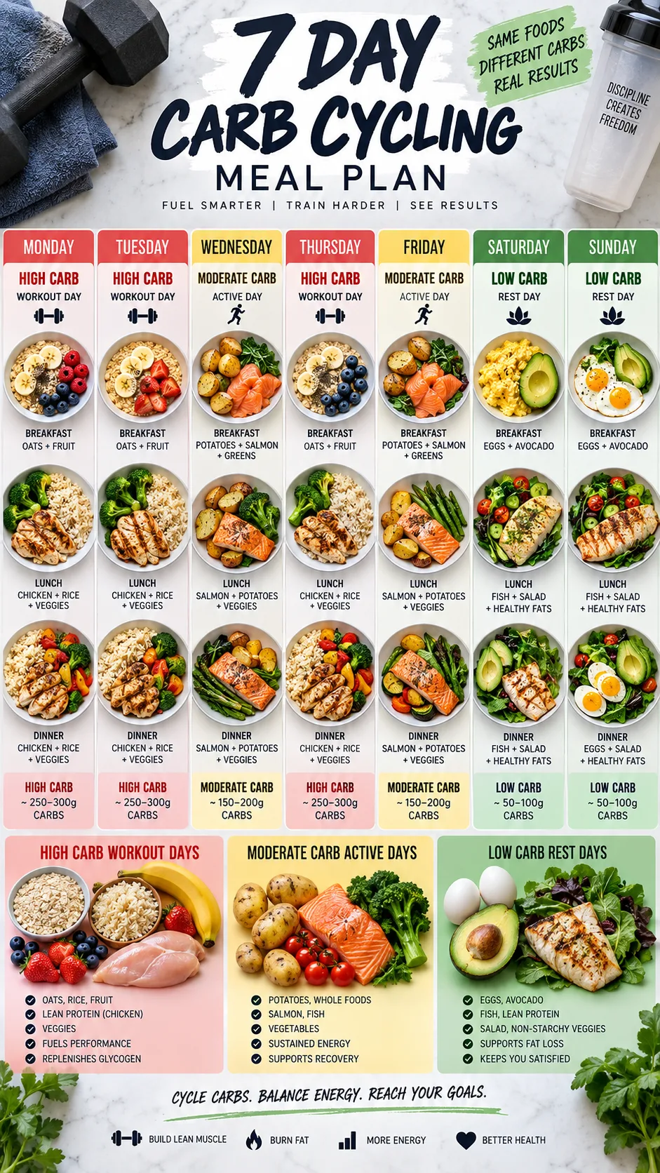 Clean overhead infographic-style food photography showing a seven-day carb cycling calendar, high carb workout days with rice oats fruit and chicken, moderate carb days with potatoes salmon and vegetables, low carb rest days with eggs avocado salad and grilled fish, clear visual meal planning concept