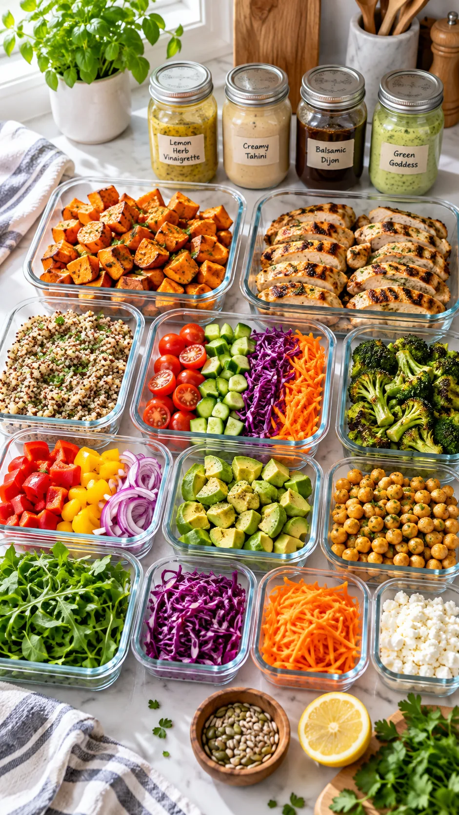 Family Meal Prep Made Easy: Dinners for the Whole Week Done in One Sunday 1 Flat lay photography of a tidy kitchen counter filled with neatly organized glass meal prep containers, fresh chopped colorful vegetables, roasted sweet potatoes, grilled chicken breasts, and mason jars of homemade dressings on a bright Sunday afternoon