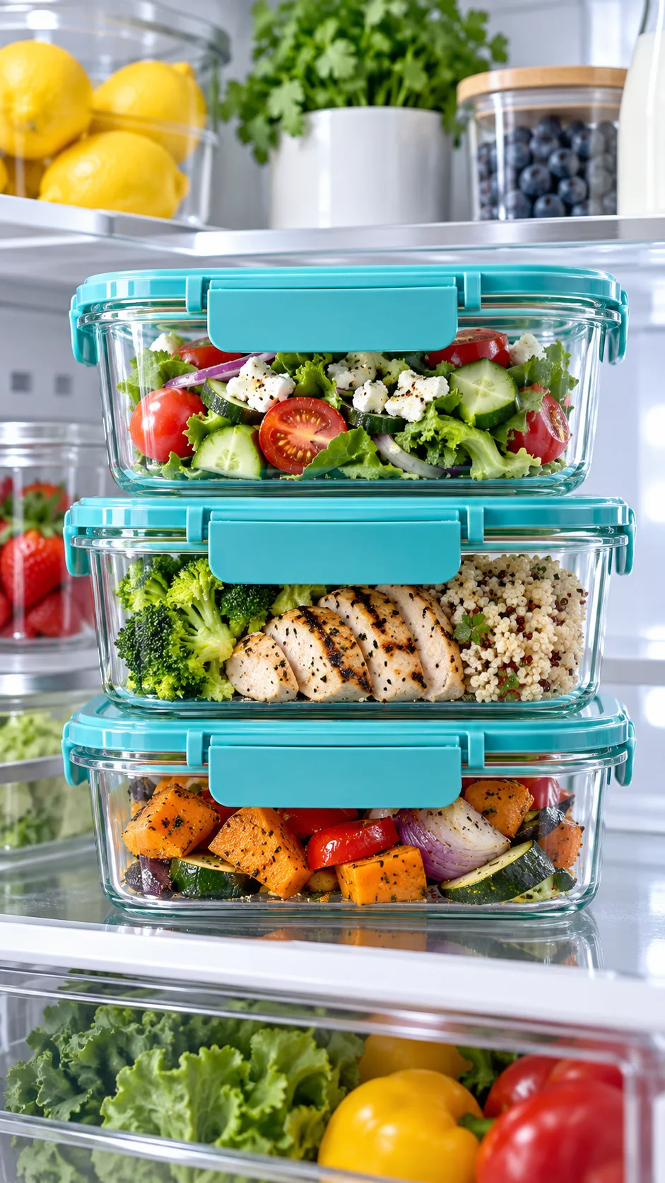 Family Meal Prep Made Easy: Dinners for the Whole Week Done in One Sunday 2 Close up shot of stacked rectangular glass food storage containers with turquoise locking lids inside a sparkling clean, organized modern refrigerator