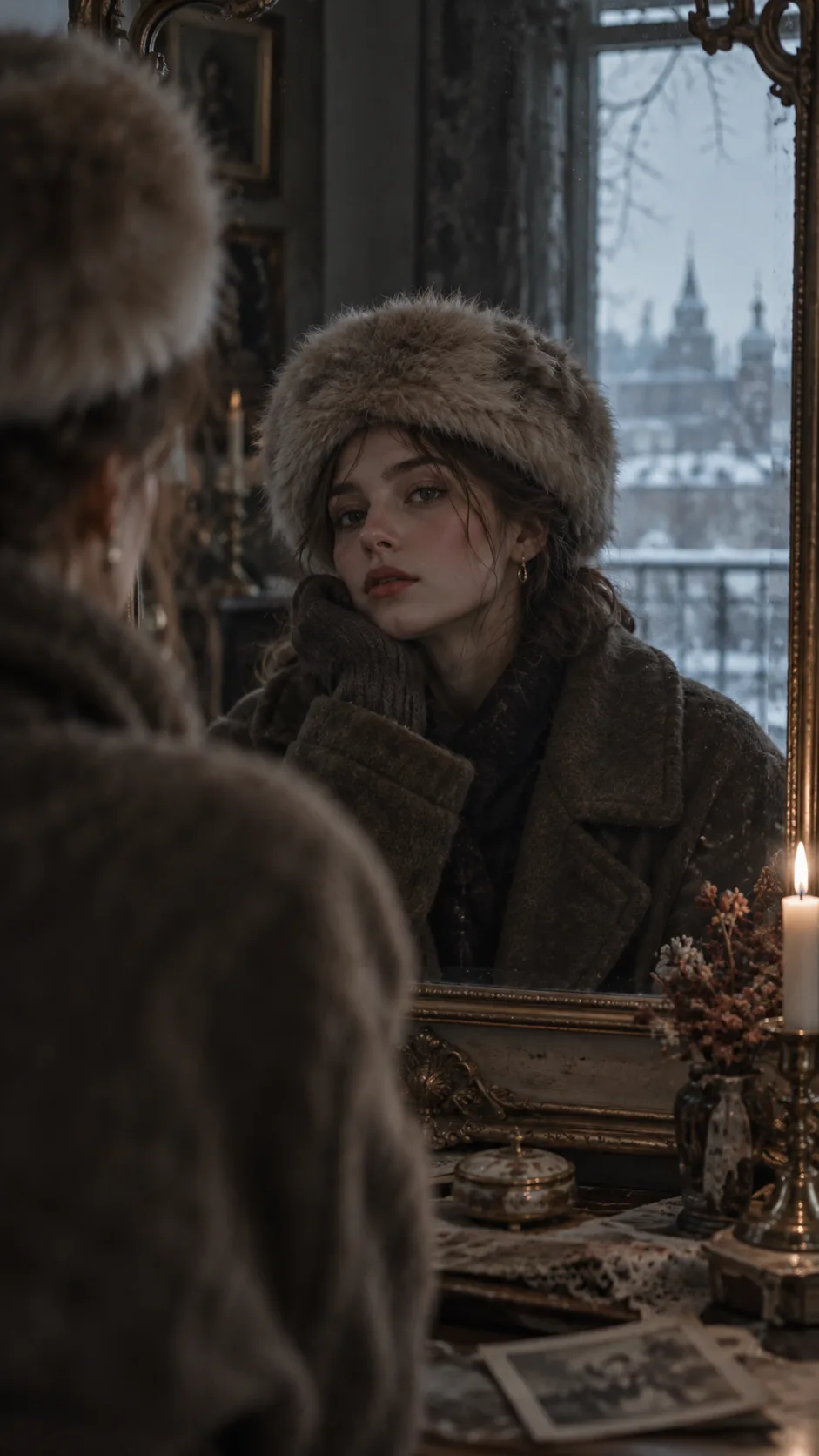 Editorial portrait shot of a young woman wearing a vintage faux-fur hat and oversized wool coat looking in a mirror with a gloomy, cold winter atmospheric lighting, with an aesthetic nostalgia