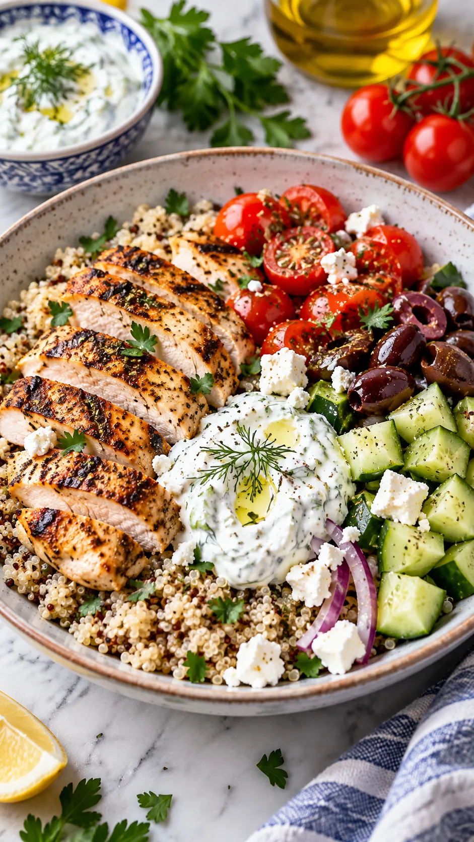 Family Meal Prep Made Easy: Dinners for the Whole Week Done in One Sunday 3 Vibrant Mediterranean grain bowl featuring sliced grilled chicken breast, fluffy quinoa, cherry tomatoes, kalamata olives, diced cucumbers, and a dollop of tzatziki in a shallow ceramic bowl