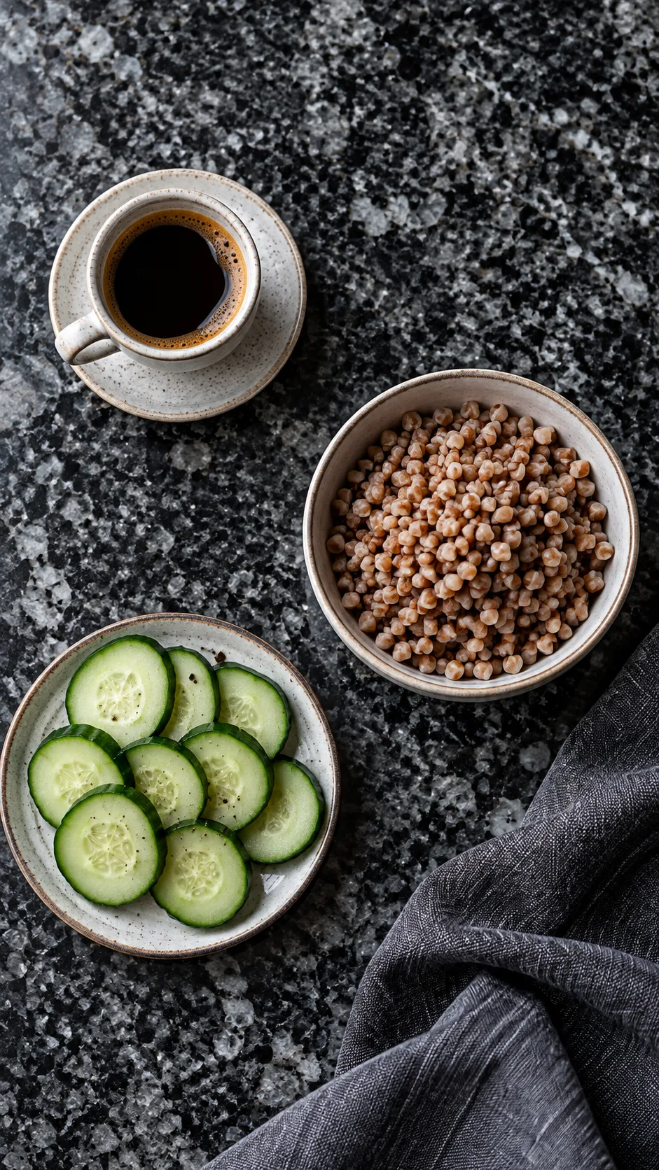 A flat lay still-life photo featuring a tiny cup of black coffee, a small bowl of plain boiled buckwheat, and sliced cucumbers on a stark granite countertop, cool minimalist mood