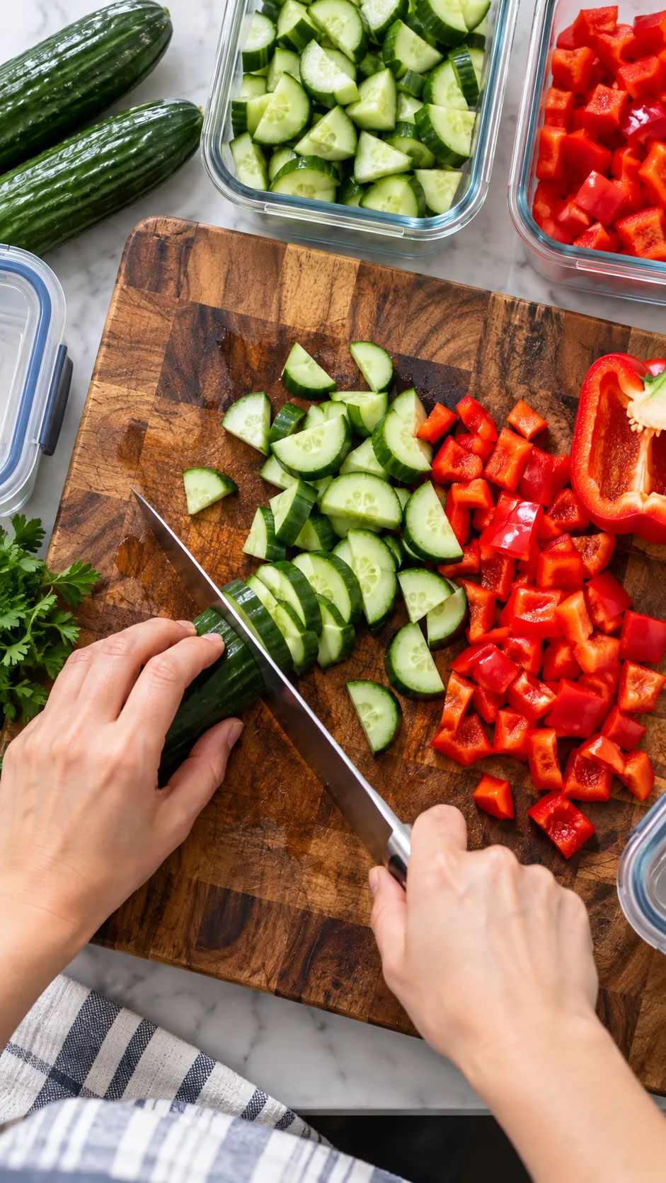 Family Meal Prep Made Easy: Dinners for the Whole Week Done in One Sunday 4 Overhead view of hands using a sharp chef knife to chop fresh English cucumbers and red bell peppers on a heavy wooden cutting board beside glass storage tubs