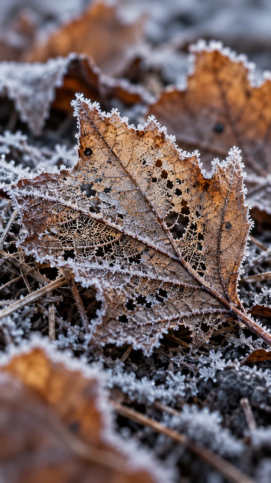 Close up macro shot of brittle autumn leaves on cold frost ground, symbolic representation of fragility, depletion, and nutritional starvation