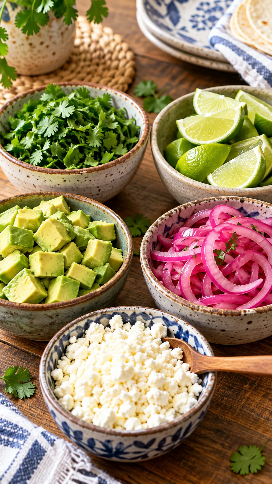 Family Meal Prep Made Easy: Dinners for the Whole Week Done in One Sunday 5 Dining table set with small ceramic bowls holding meal prep garnishes: chopped cilantro, lime wedges, diced avocado, pickled red onions, and crumbled cotija cheese