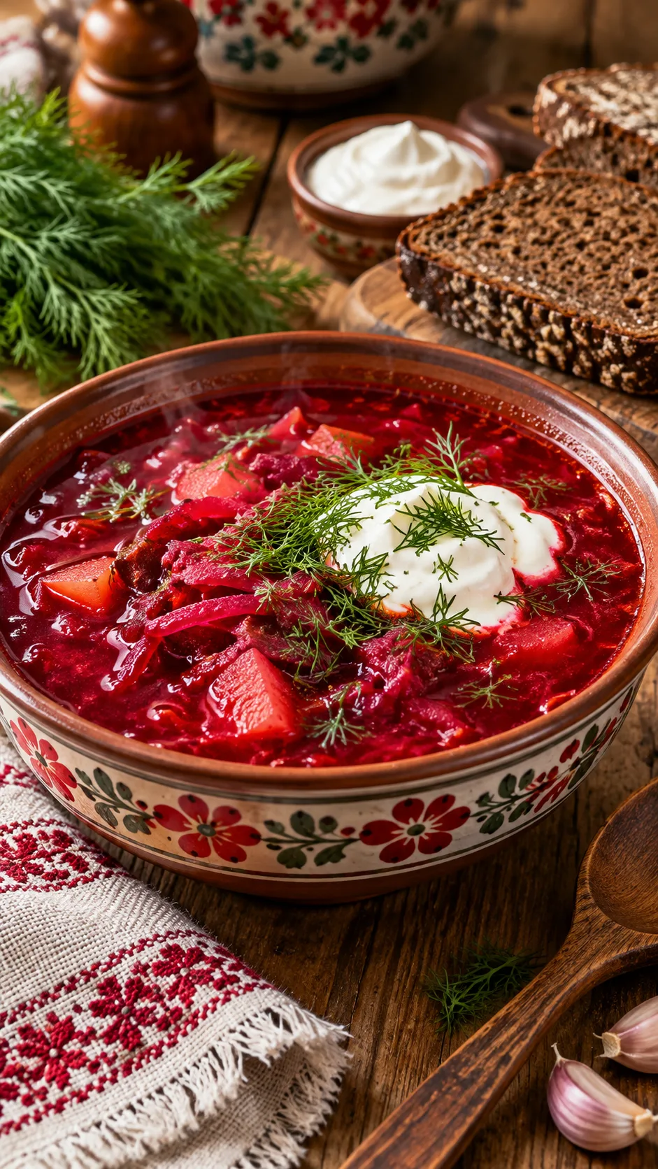 A delicious bowl of traditional beetroot borscht garnished with fresh dill and sour cream, beside rustic dark rye bread on a warm wooden dining table
