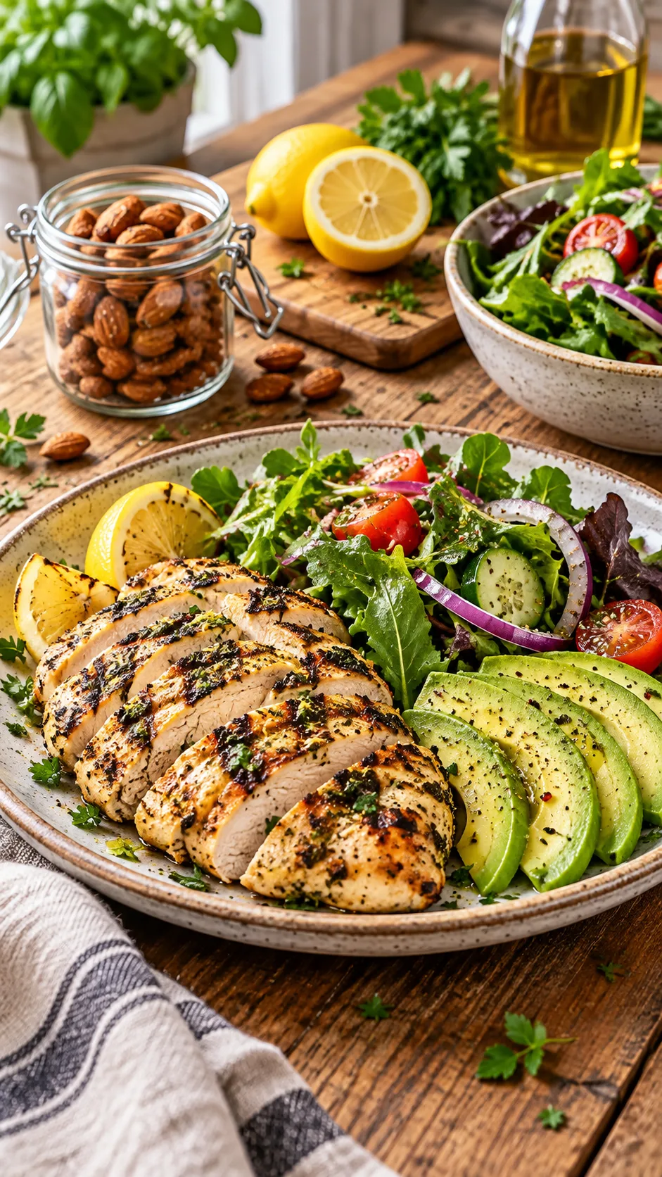 The 7-Day Low Carb Meal Plan Beginners Actually Stick To 1 A vibrant, delicious low-carb lunch spread on a rustic wooden kitchen counter featuring grilled lemon herb chicken, fresh avocado slices, a crisp green salad with olive oil dressing, and a small glass jar of roasted almonds.