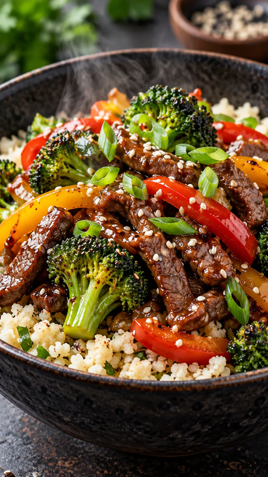 The 7-Day Low Carb Meal Plan Beginners Actually Stick To 3 A delicious close-up shot of a sizzling beef stir-fry with bright green broccoli florets, bell peppers, and sesame seeds served over cauliflower rice in a dark ceramic bowl.