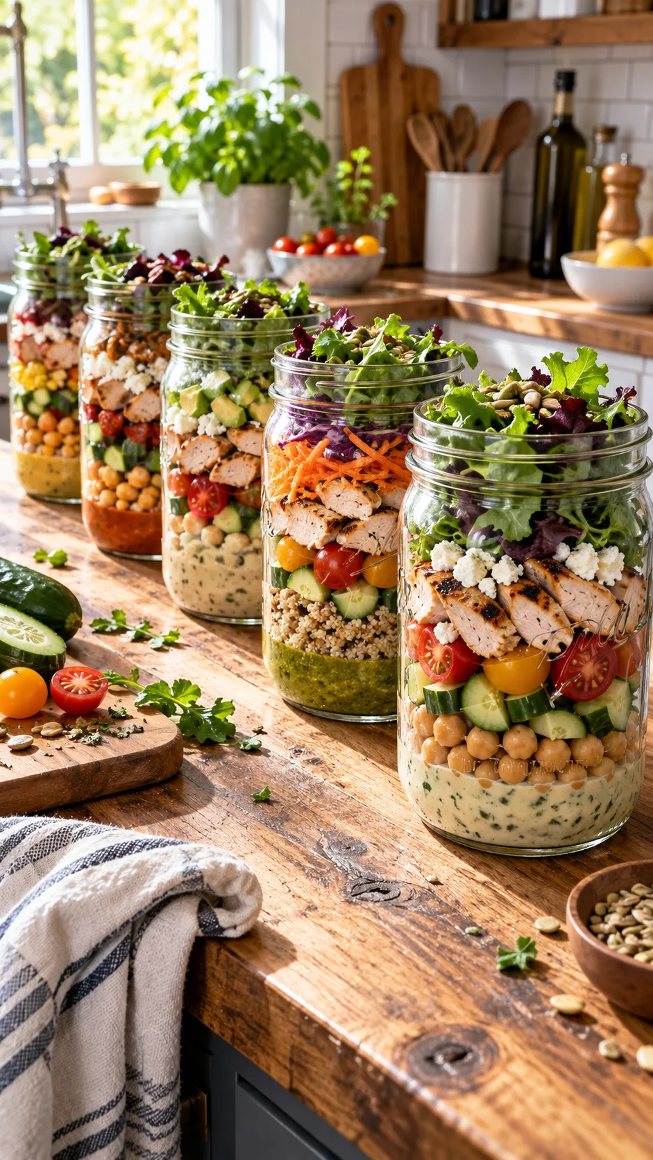 Mason Jar Meal Prep Salads You'll Actually Want to Eat All Week 1 Cinematic high-angle food photography of five 32-ounce wide-mouth Mason jar salads lined up on a rustic wooden kitchen counter, perfectly layered with vibrant dressings, chickpeas, cucumbers, cherry tomatoes, grilled chicken, and crisp mixed greens, natural bright window lighting