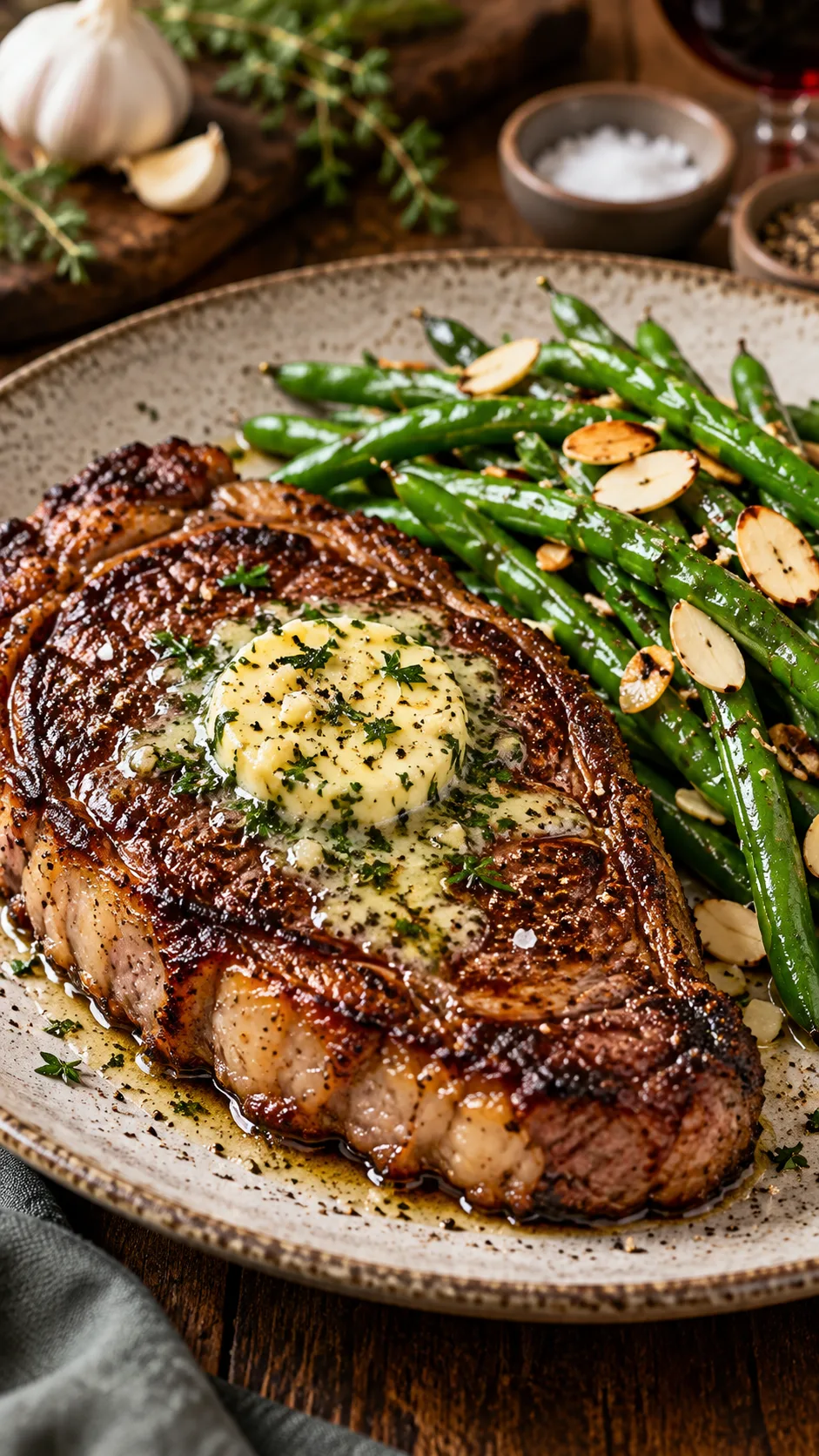 The 7-Day Low Carb Meal Plan Beginners Actually Stick To 4 A perfectly seared ribeye steak topped with melting garlic herb compound butter, resting next to a vibrant serving of sautéed green beans with sliced almonds on a rustic stoneware plate.