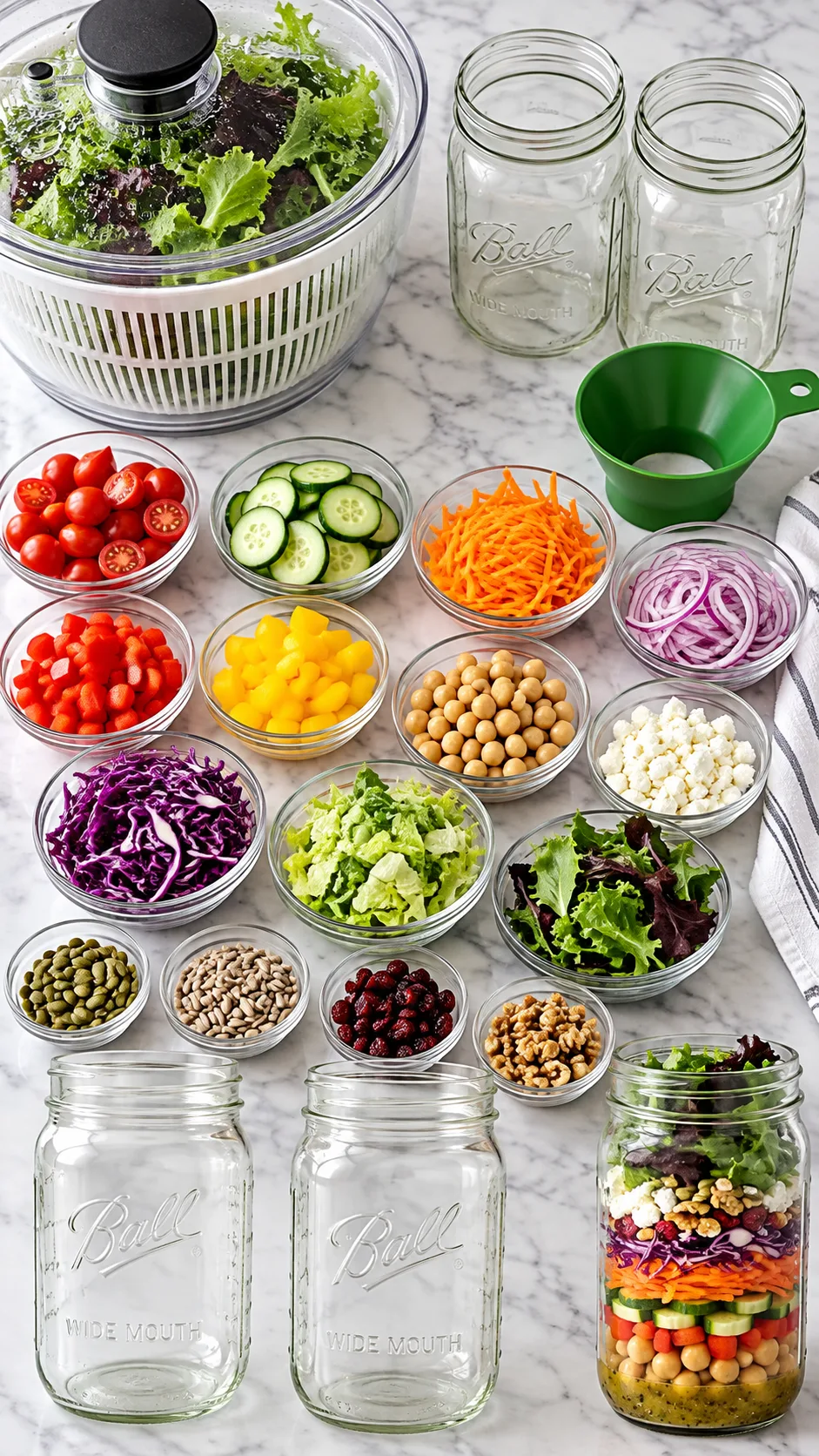 Mason Jar Meal Prep Salads You'll Actually Want to Eat All Week 2 Step-by-step flat lay shot of salad prep ingredients on a marble countertop showing a salad spinner, wide-mouth 32 oz glass jars, cut vegetables in small glass bowls, and a canning funnel