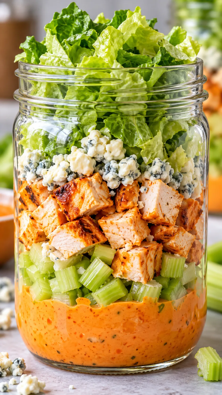 Mason Jar Meal Prep Salads You'll Actually Want to Eat All Week 3 Close up macro shot of a Buffalo chicken mason jar salad showing bright orange buffalo ranch at the base, diced celery, grilled chicken breast cubes, blue cheese crumbles, and fresh bright green romaine at the top