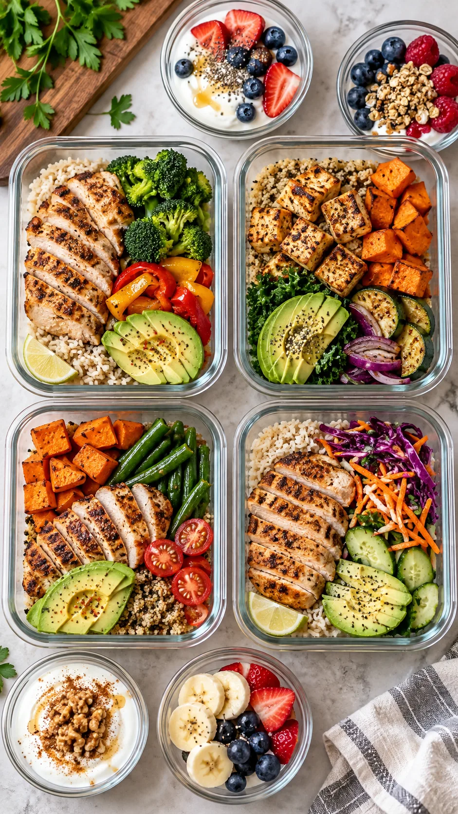 The Muscle Gain Meal Plan for Women That Actually Builds Curves (Not Just Calories) 3 Overhead realistic food photography showing balanced muscle gain meal prep containers for women, each container with grilled chicken or tofu, rice or sweet potato, colorful vegetables, avocado, fruit, and Greek yogurt, clean meal prep aesthetic with warm daylight