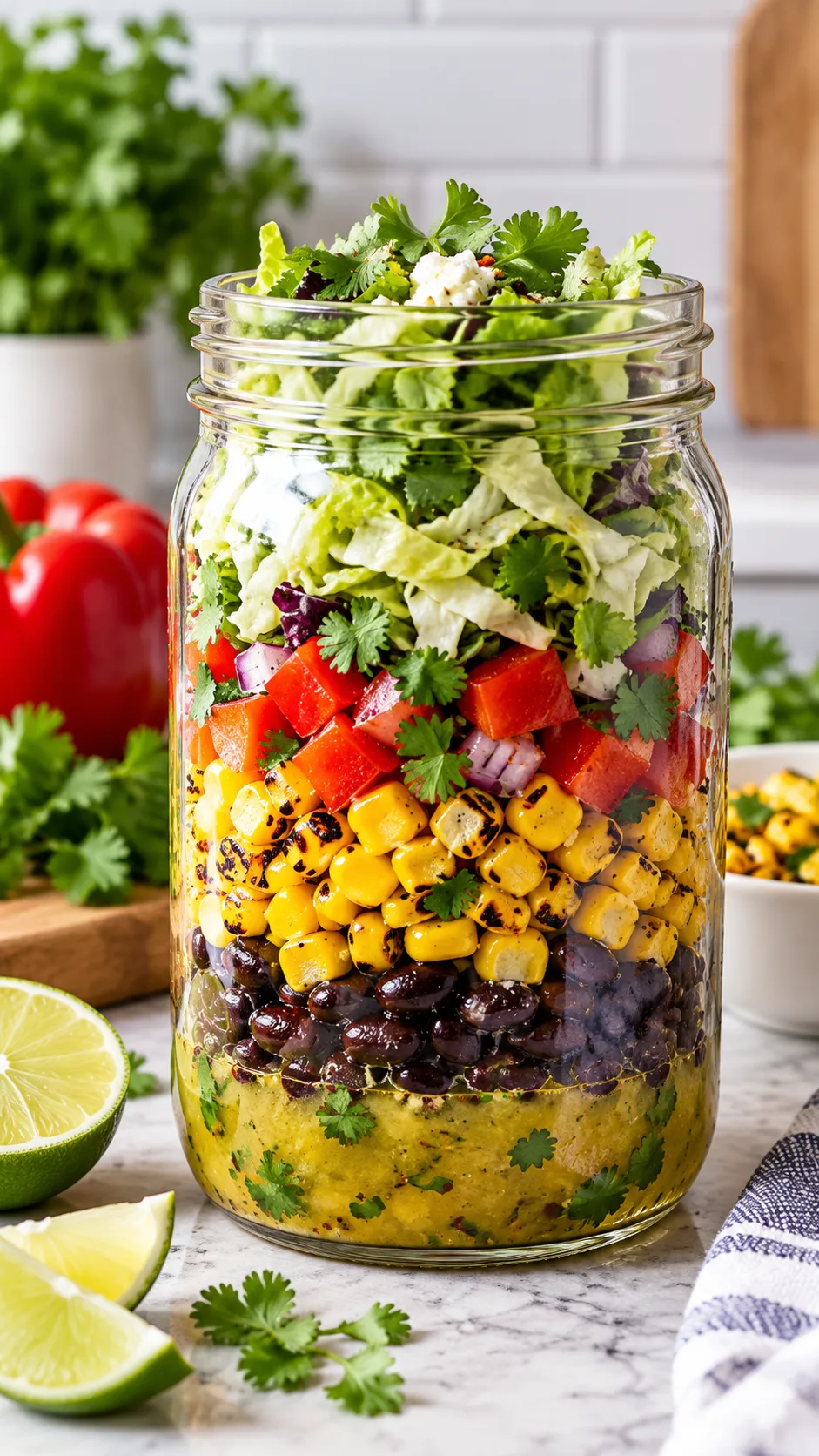 Mason Jar Meal Prep Salads You'll Actually Want to Eat All Week 4 Vibrant food shot of a Southwest style mason jar salad containing lime vinaigrette, black beans, charred yellow sweet corn, red bell peppers, cilantro, and shredded greens against a clean kitchen backdrop