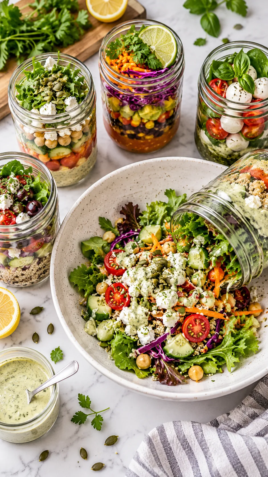 Mason Jar Meal Prep Salads You'll Actually Want to Eat All Week 5 Overhead aesthetic shot of five colorful layered mason jar salads resting beside a large white ceramic bowl where one jar has been cleanly tipped out, displaying fluffy crisp greens and dressing on top