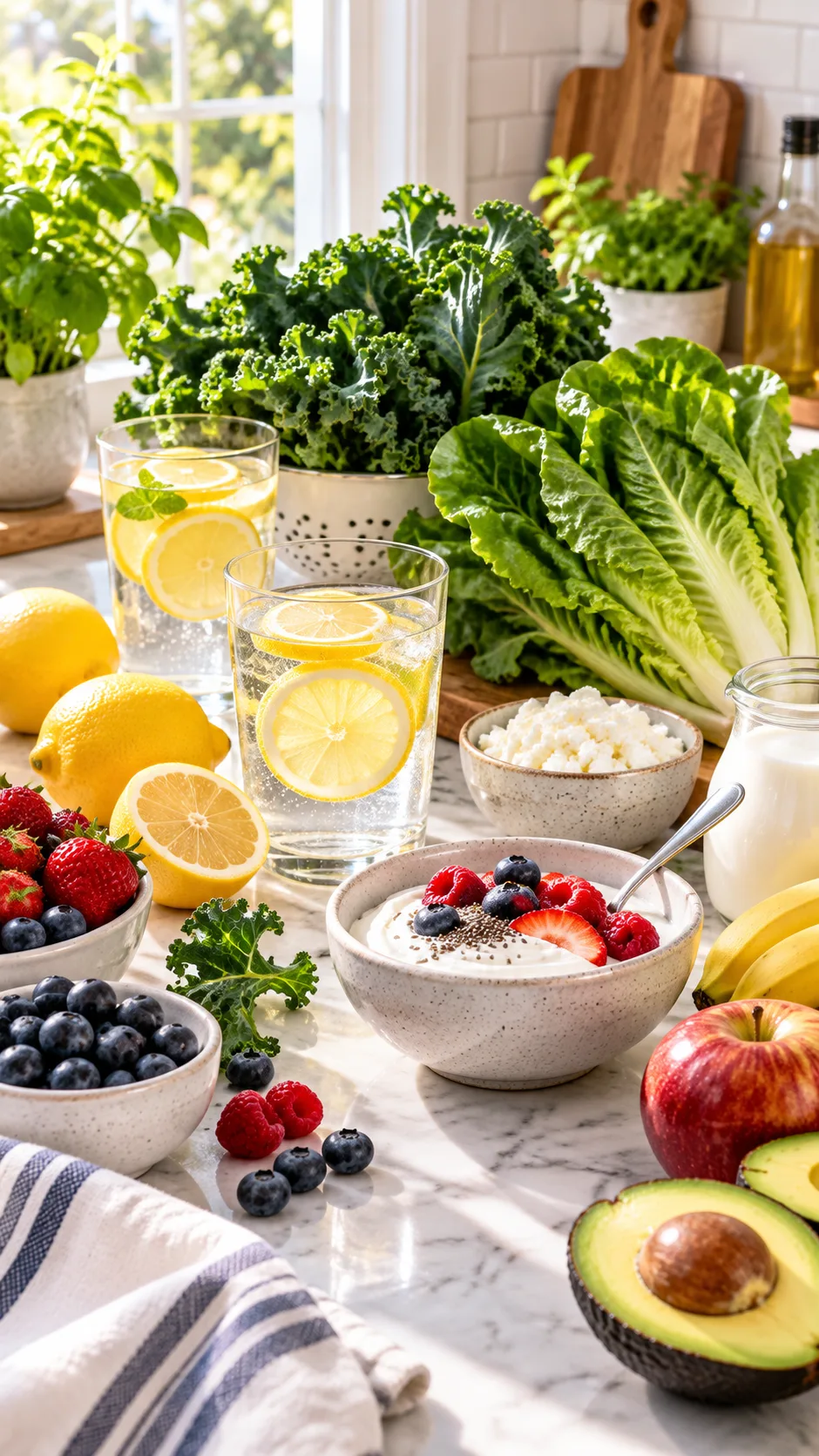 The Kidney Stone Diet Plan That Actually Prevents Painful Recurrences 1 A vibrant kitchen counter displaying clear glasses of lemon water, fresh whole fruits, low-oxalate greens like kale and romaine, and dairy items like yogurt, shot in bright natural morning sunlight.