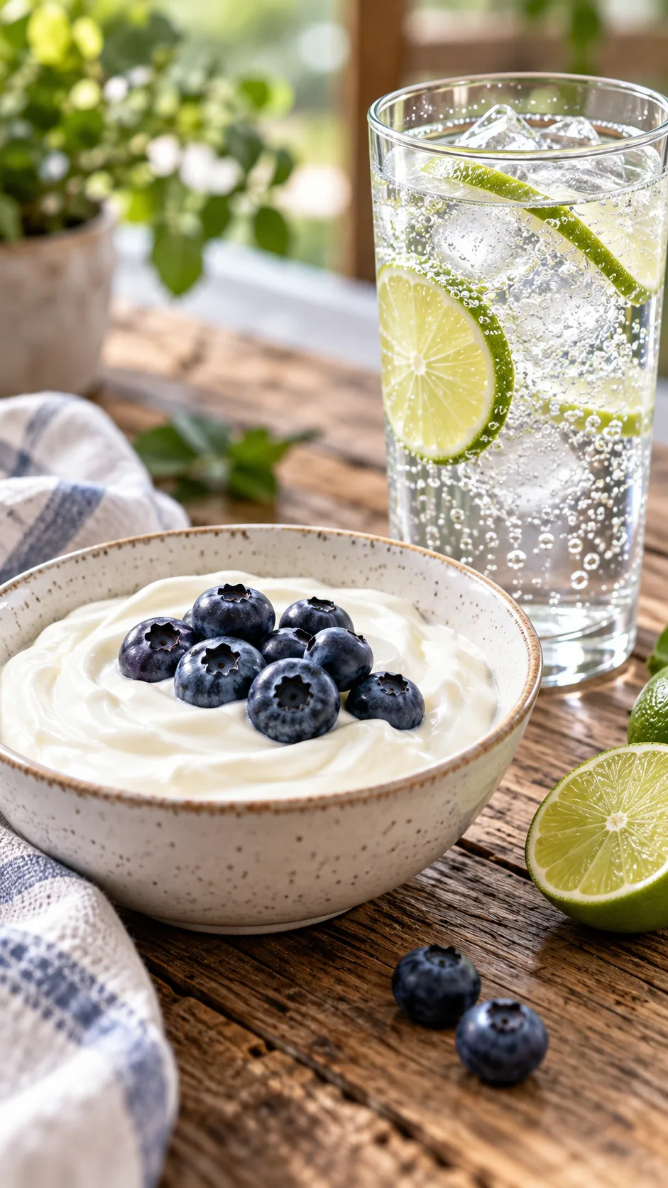 The Kidney Stone Diet Plan That Actually Prevents Painful Recurrences 2 A bowl of plain Greek yogurt topped with a few fresh blueberries, sitting beside a tall glass of sparkling mineral water with lime slices on a rustic wooden table.