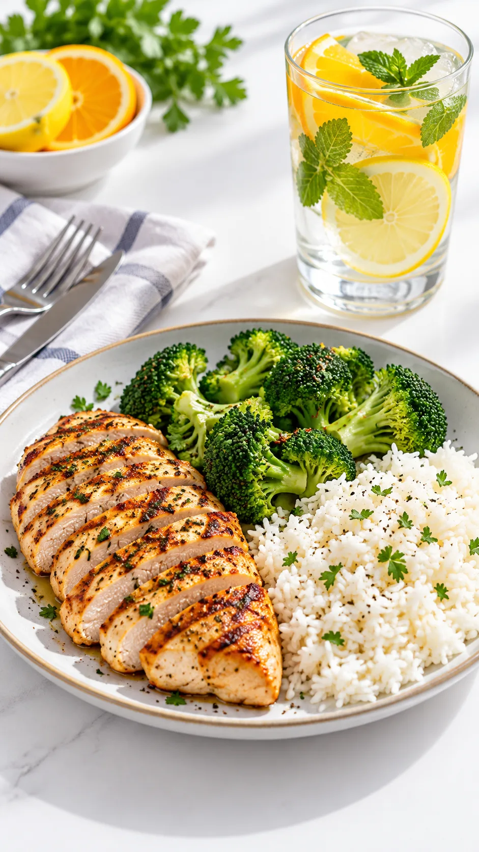 The Kidney Stone Diet Plan That Actually Prevents Painful Recurrences 3 A balanced, colorful meal plate containing grilled chicken breast, steamed broccoli florets, and fluffy white rice, served alongside a glass of citrus water on a clean white surface.
