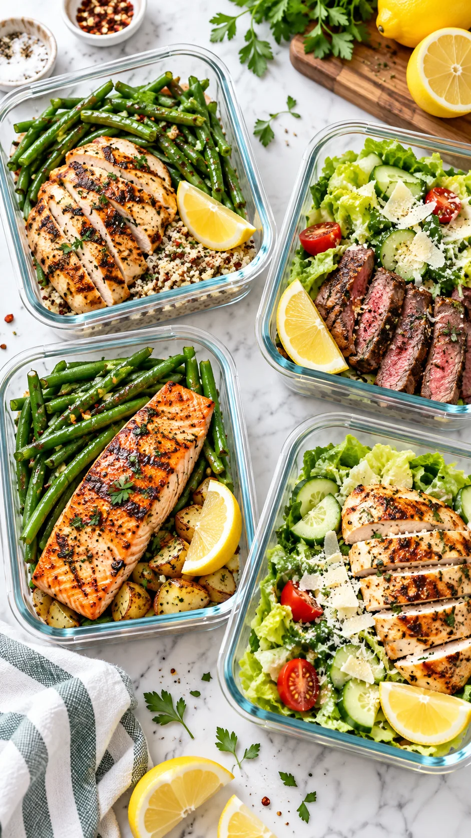 The Kidney Stone Diet Plan That Actually Prevents Painful Recurrences 4 A visual graphic of healthy kitchen meal-prep containers filled with grilled meats, green beans, romaine salads, and wedges of lemons on a bright marble countertop.