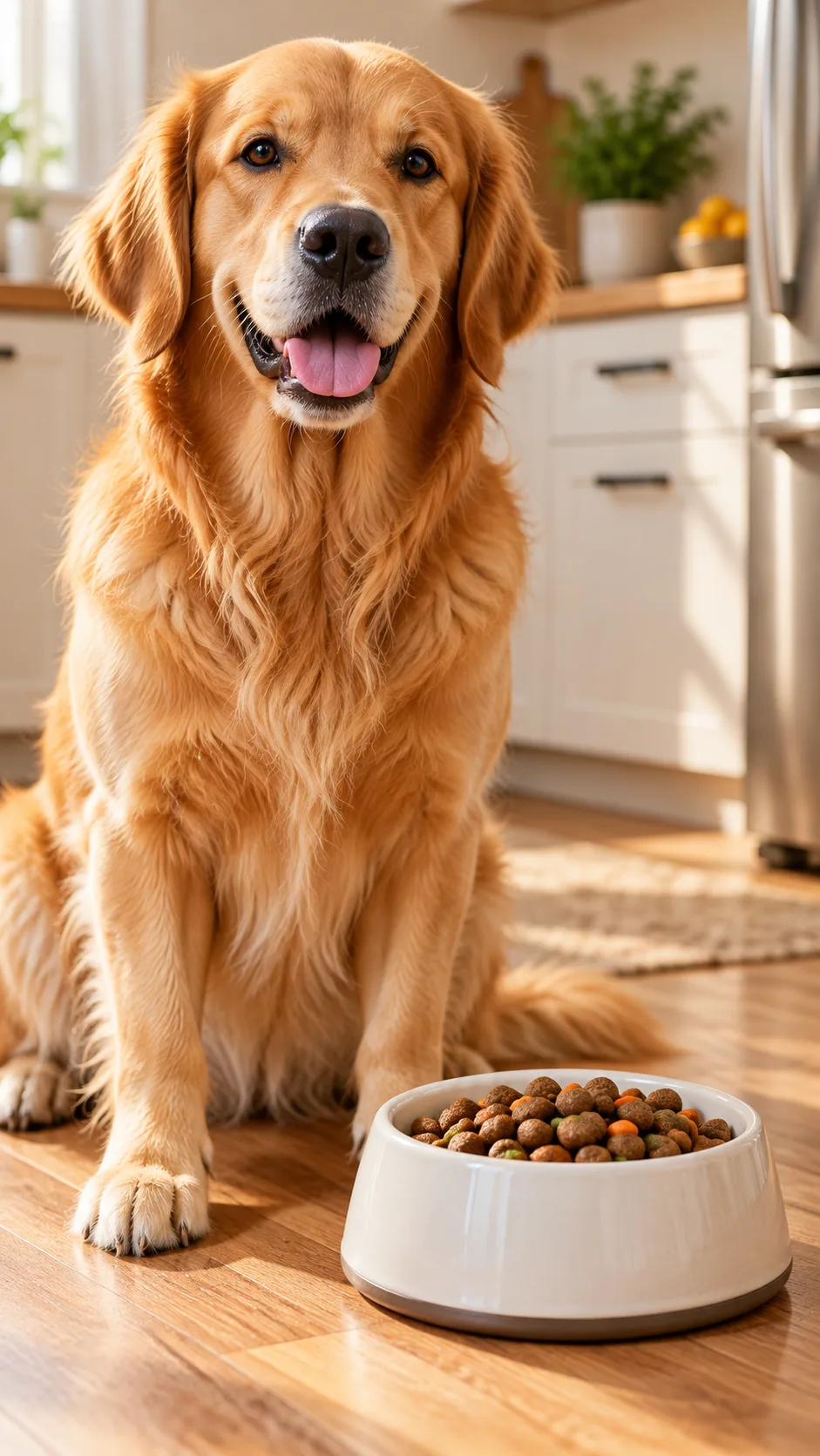 Animal Diet 101: What Every Pet Owner Gets Wrong About Feeding Their Animals 1 Close-up photograph of a golden retriever sitting obediently next to a sleek ceramic food bowl filled with balanced veterinary kibble, natural warm kitchen lighting