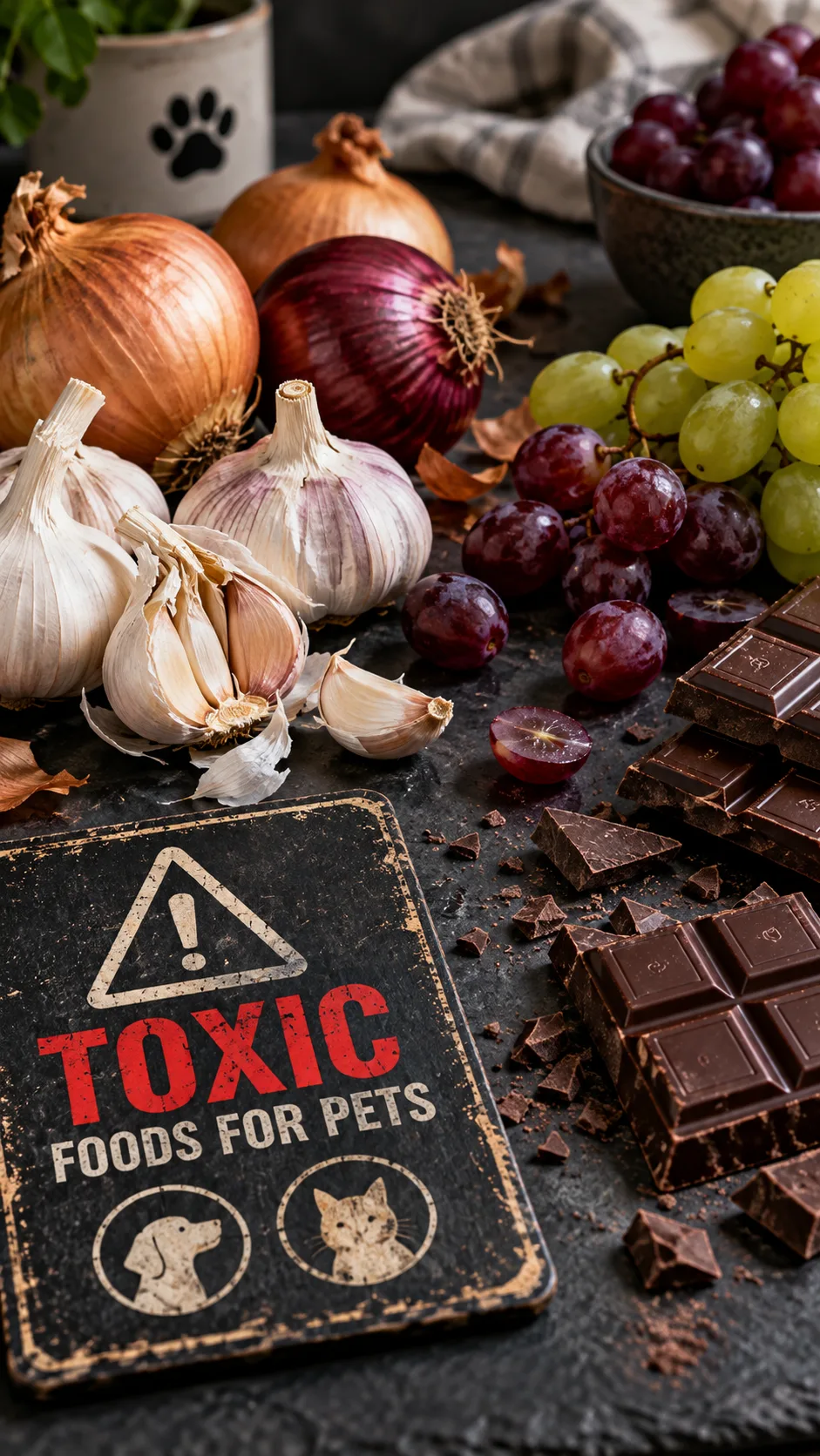 Animal Diet 101: What Every Pet Owner Gets Wrong About Feeding Their Animals 2 Editorial photograph of an assortment of toxic foods for pets laid out on a dark slate counter, including garlic bulbs, grapes, onions, and chocolate bars, with a warning aesthetic