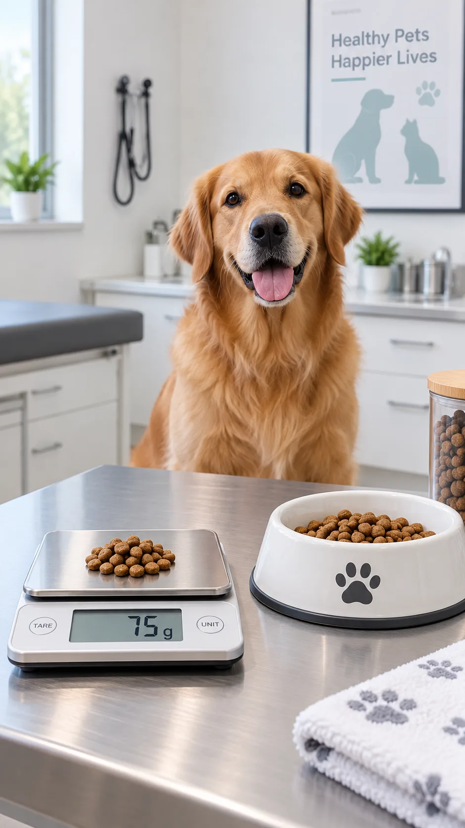 Animal Diet 101: What Every Pet Owner Gets Wrong About Feeding Their Animals 3 A clean, minimalist veterinary clinic consultation room showing a digital gram scale alongside a dog bowl with precise portions of kibble
