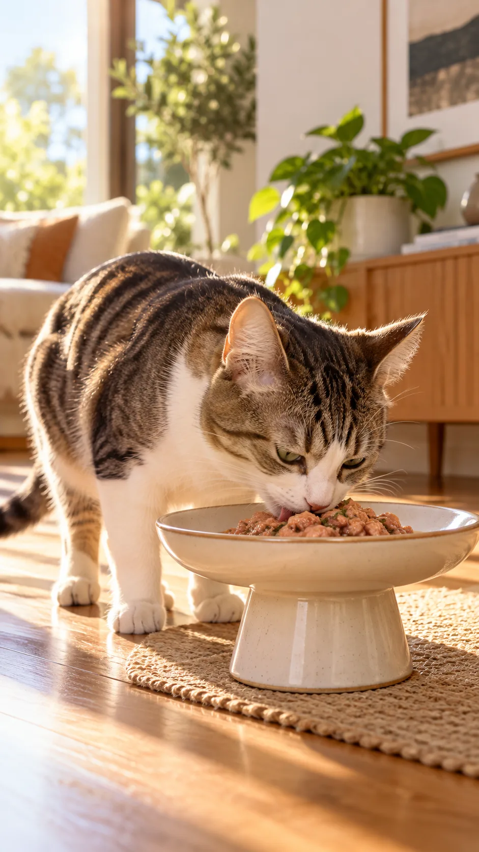 Animal Diet 101: What Every Pet Owner Gets Wrong About Feeding Their Animals 4 A sleek domestic shorthair cat eating premium wet food from an elevated shallow ceramic dish, warm morning sunlight in a modern home