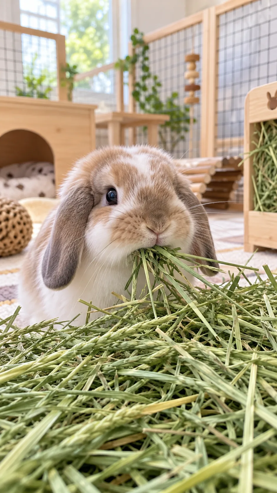 Animal Diet 101: What Every Pet Owner Gets Wrong About Feeding Their Animals 6 A fluffy holland lop bunny munching on a generous pile of fresh green timothy hay in an airy enclosure