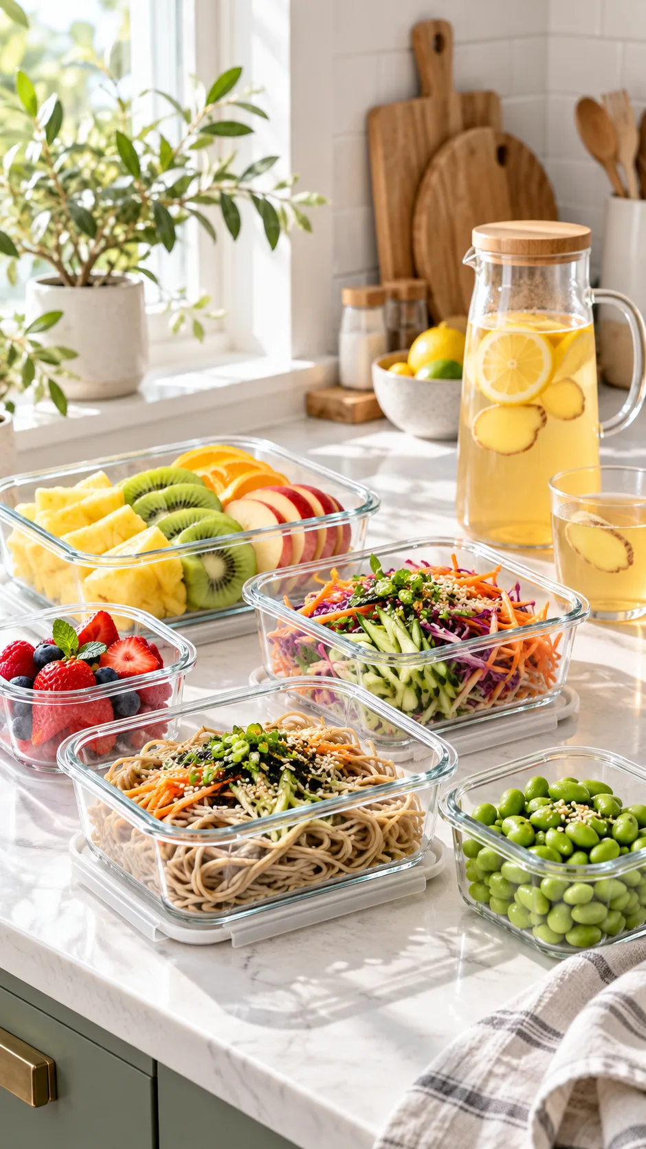 A bright kitchen counter featuring neatly organized glass food prep containers with fresh sliced fruits, cold noodles, edamame, and ginger tea, shot in soft natural morning light with clean Scandinavian styling