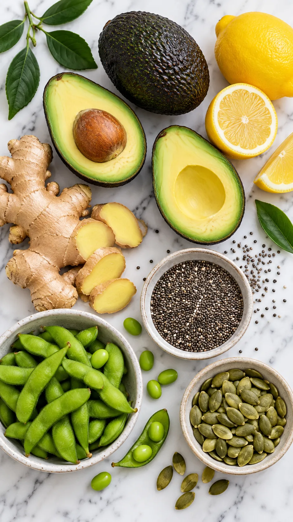 Flat lay overhead composition of pregnancy-safe nutrient dense ingredients including ripe avocados, yellow lemons, raw ginger root, chia seeds, edamame pods, and green pumpkin seeds arranged on a white marble surface