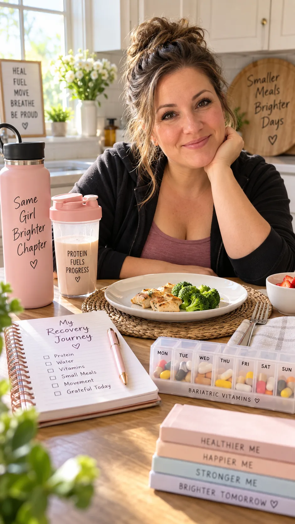 The Gastric Bypass Diet Phases Most Patients Get Wrong (And How to Nail Every One) 1 Warm, realistic lifestyle photography of a gastric bypass recovery patient sitting at a bright kitchen table with a tiny measured meal, water bottle, protein shake, food journal, and bariatric vitamin organizer, encouraging calm healthy recovery atmosphere
