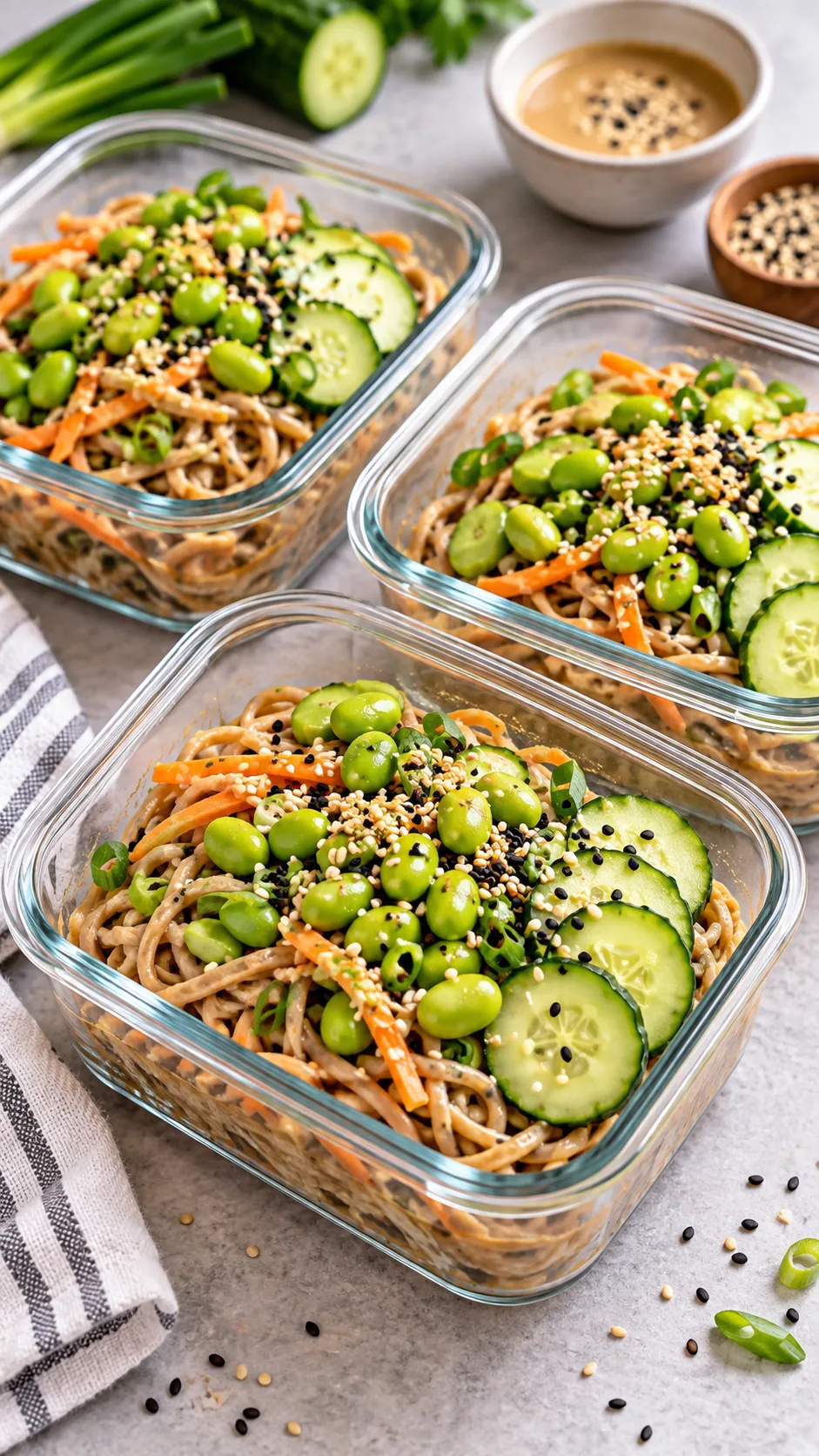 Three clear glass meal containers showing cold sesame soba noodles topped with bright green edamame, cucumber slices, and toasted sesame seeds ready for lunch