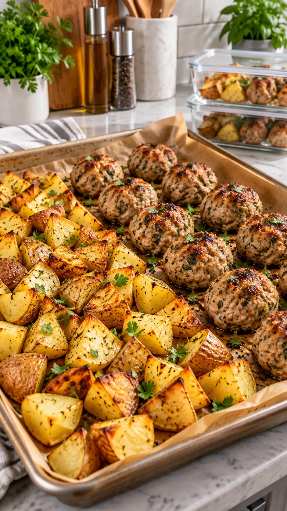 Sheet pan meal prep featuring golden roasted cubed potatoes and baked lean herb meatballs resting on brown parchment paper inside a modern kitchen