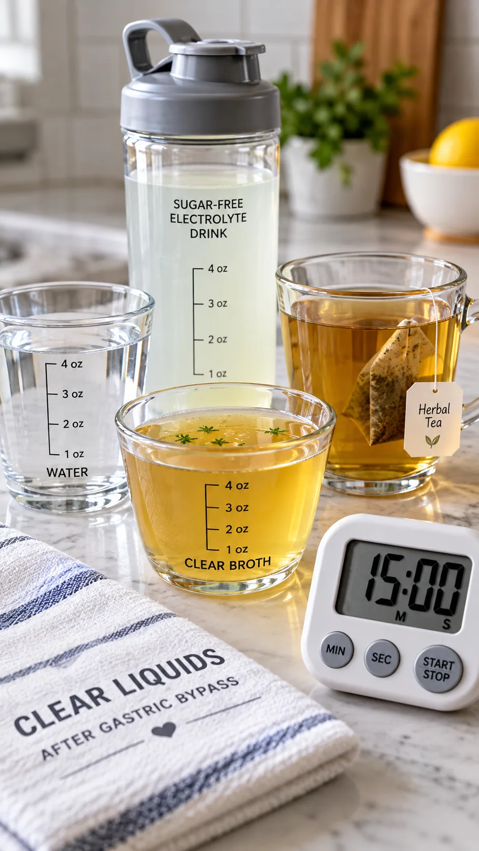 The Gastric Bypass Diet Phases Most Patients Get Wrong (And How to Nail Every One) 2 Close-up realistic food photography of approved clear liquids after gastric bypass surgery: measured small cups of water, clear broth, sugar-free electrolyte drink, herbal tea, and a timer on a clean kitchen counter