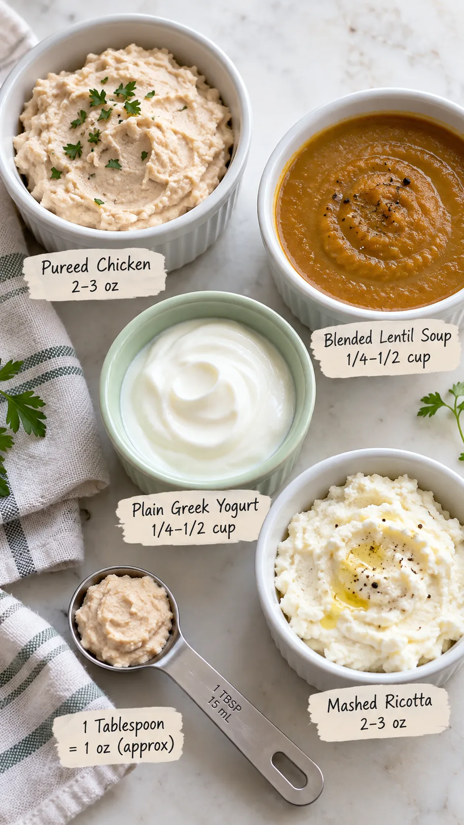 The Gastric Bypass Diet Phases Most Patients Get Wrong (And How to Nail Every One) 3 Realistic overhead food photography of gastric bypass puree stage meals in small ramekins: smooth pureed chicken, blended lentil soup, plain Greek yogurt, mashed ricotta, and a small spoon with portion measurements