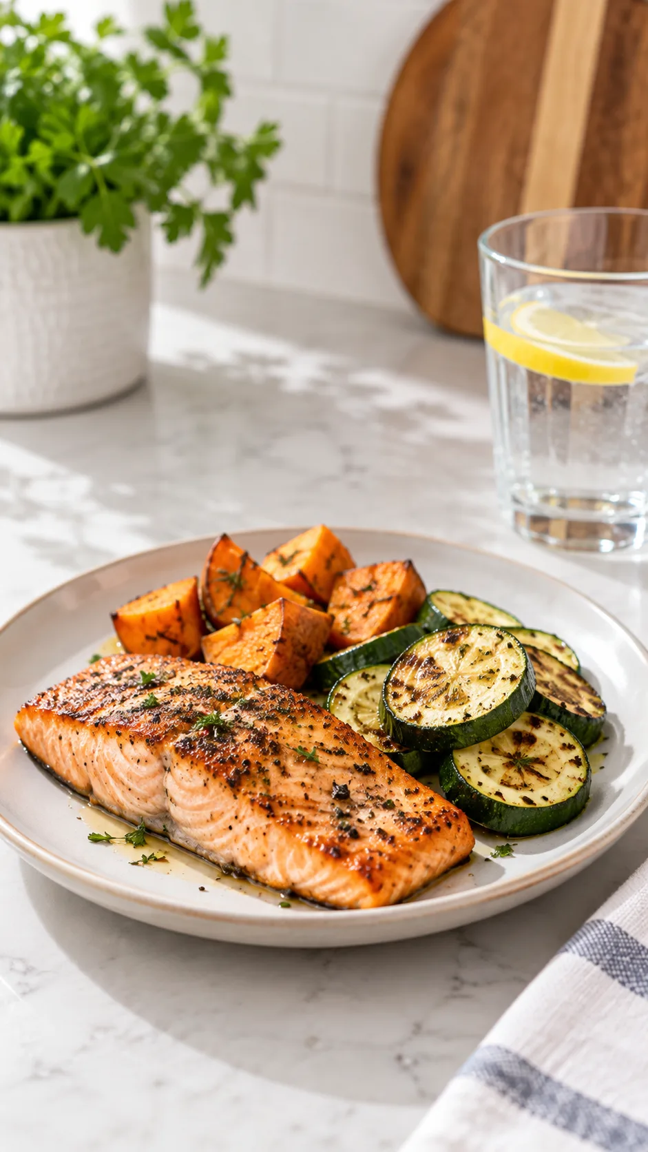 The Gastric Bypass Diet Phases Most Patients Get Wrong (And How to Nail Every One) 4 Bright realistic photography of a small bariatric-friendly balanced meal on a small plate: grilled salmon, tender roasted zucchini, a few bites of sweet potato, small water glass placed separately, minimalist healthy kitchen setting