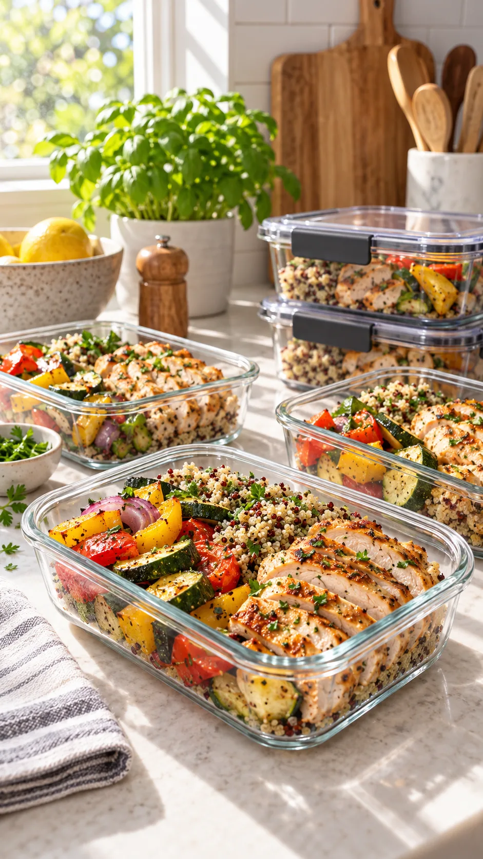 Quick Meal Prep Secrets That Save Busy People 5+ Hours Every Week 1 Neat organized kitchen counter featuring glass meal prep containers with vibrant colorful food, sliced roasted vegetables, quinoa, and grilled chicken, soft natural morning sunlight