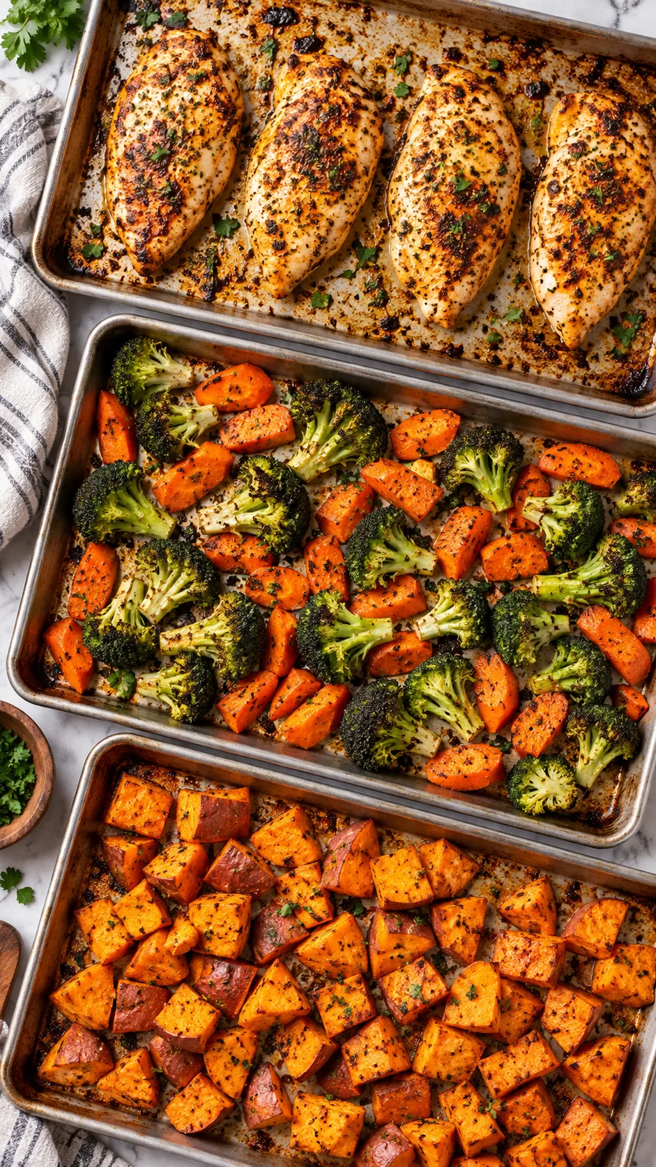 Quick Meal Prep Secrets That Save Busy People 5+ Hours Every Week 2 Overhead flat lay of three sheet pans fresh out of the oven: one pan with seasoned chicken breast, one pan with roasted broccoli and carrots, one pan with spiced sweet potatoes