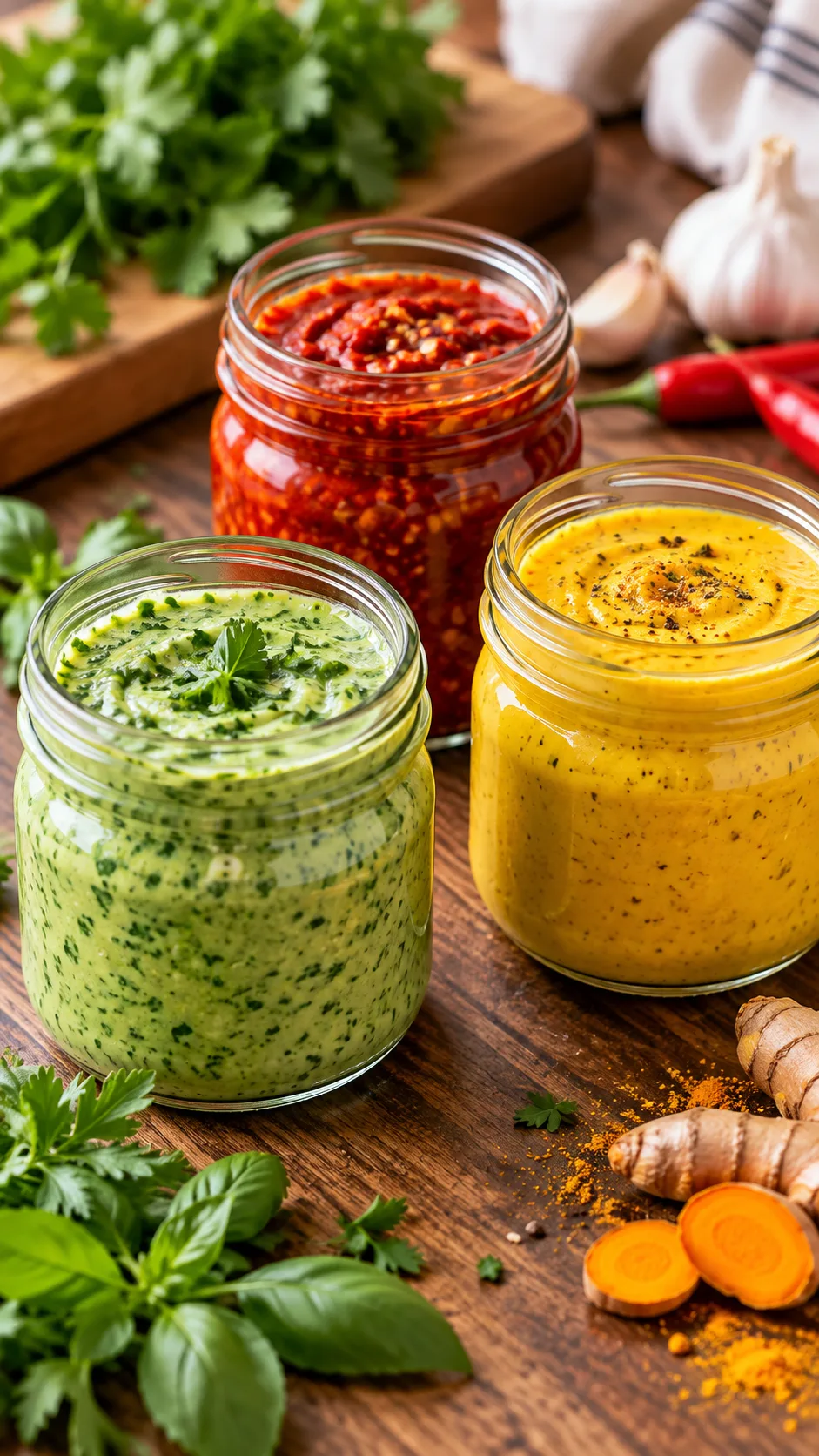 Quick Meal Prep Secrets That Save Busy People 5+ Hours Every Week 3 Three small clear glass mason jars filled with distinct colorful sauces: creamy green herb sauce, bright red chili paste sauce, and creamy golden turmeric dressing on a wooden counter