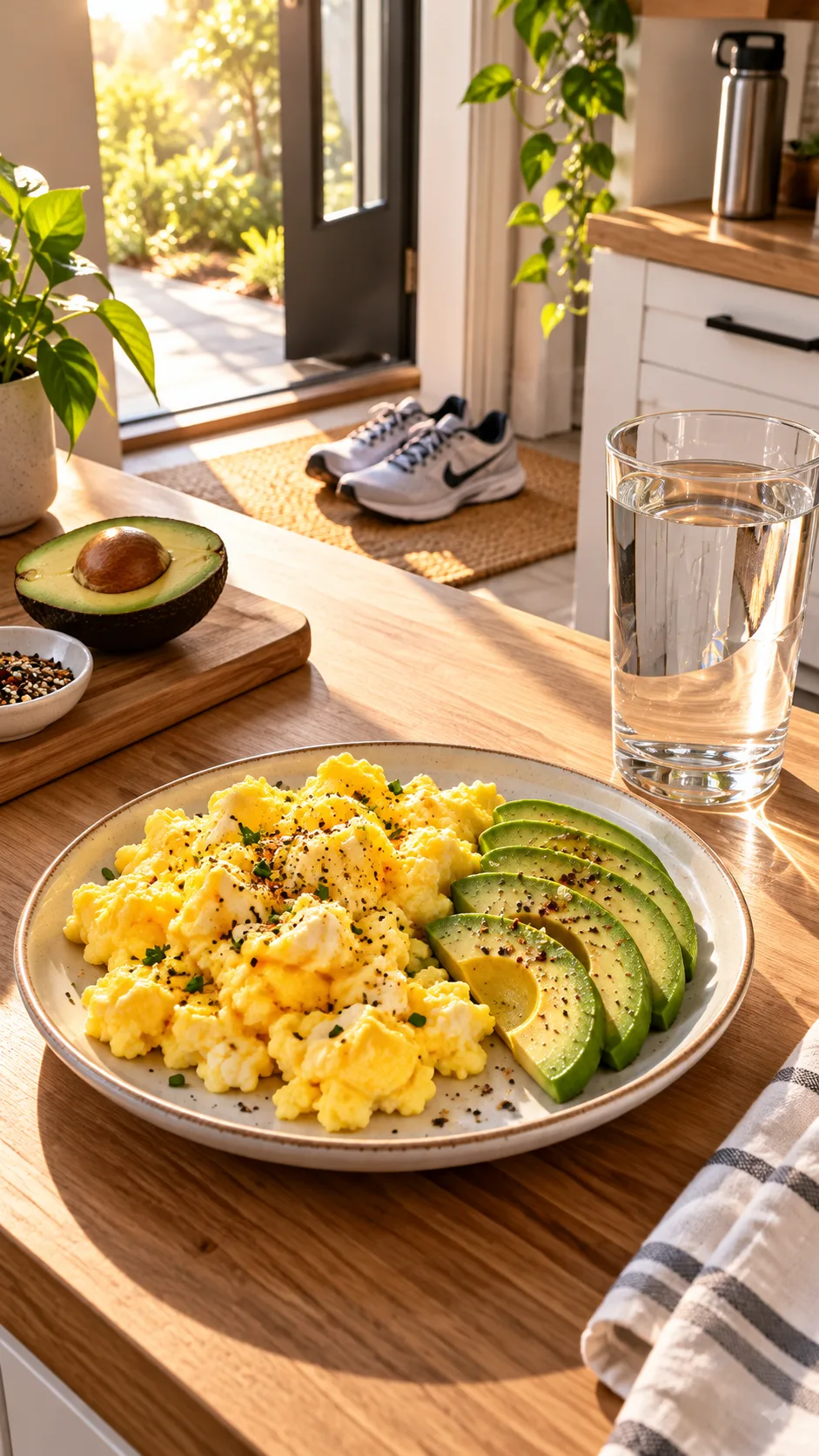 The 30 30 30 Method Diet: The Morning Rule That's Quietly Changing How People Lose Weight 1 A flat-lay morning scene showing a high-protein breakfast plate with three scrambled eggs, avocado slices, a glass of water, running shoes by the doorway, and warm morning sunlight streaming across a modern wooden kitchen counter.