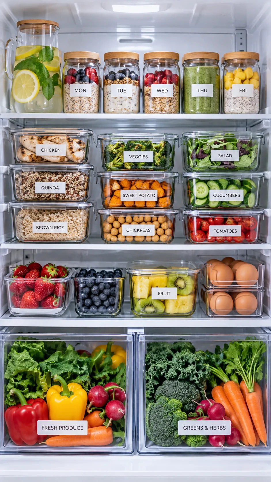 Quick Meal Prep Secrets That Save Busy People 5+ Hours Every Week 4 Neatly organized modern refrigerator interior showing stacked clear glass containers, fresh crisp produce in drawers, and clearly labeled jars arranged by day