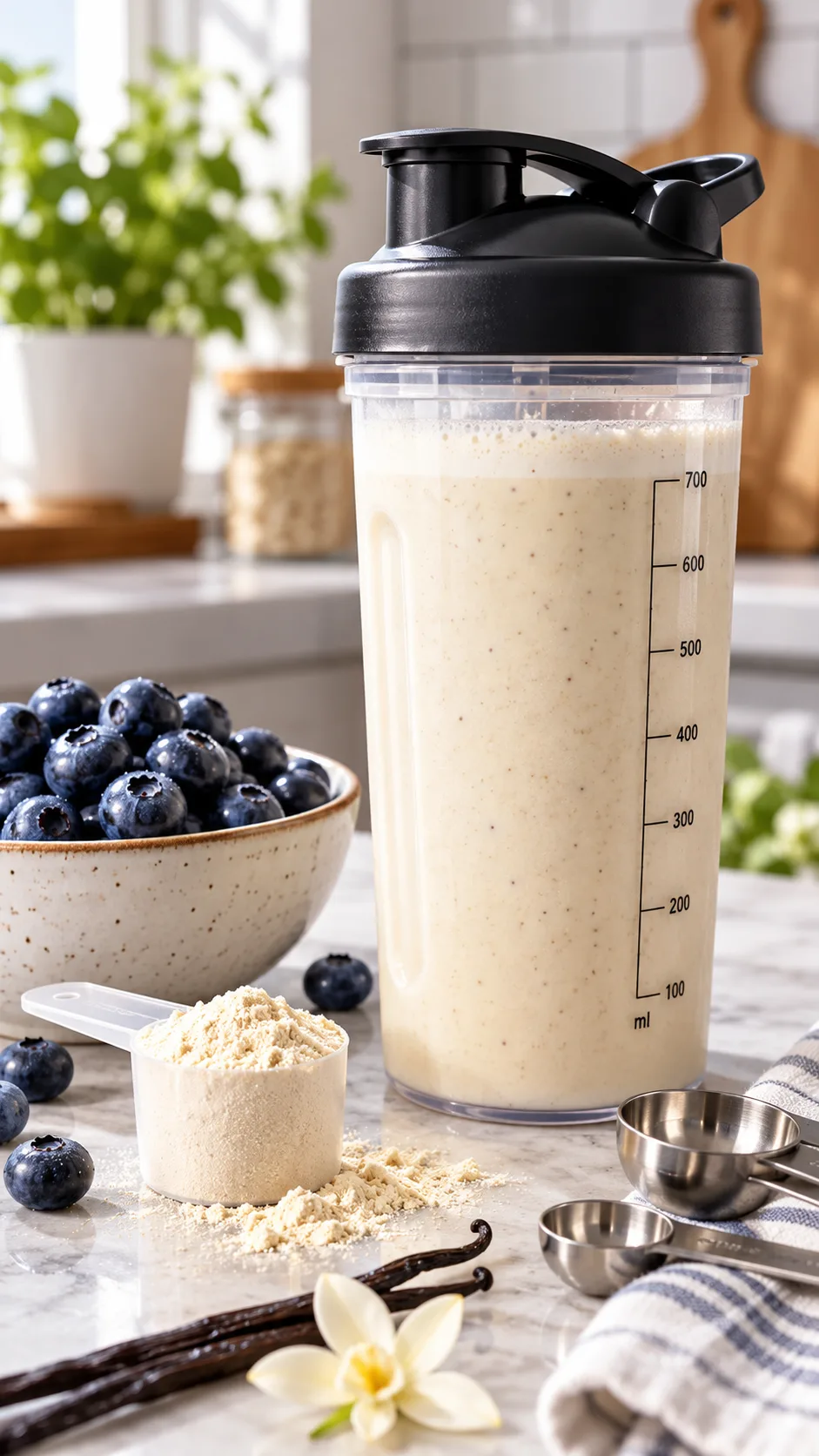 The 30 30 30 Method Diet: The Morning Rule That's Quietly Changing How People Lose Weight 4 A clean glass shaker bottle filled with a vanilla whey protein smoothie sitting on a kitchen table next to a bowl of fresh blueberries and measuring spoons.