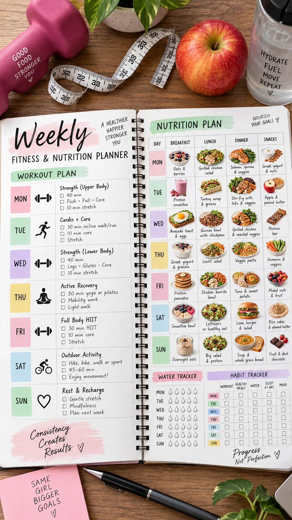 The 30 30 30 Method Diet: The Morning Rule That's Quietly Changing How People Lose Weight 5 An overhead infographic-style presentation of a structured weekly fitness and nutrition planner open on a desk with a pen, measuring tape, and an apple beside it.