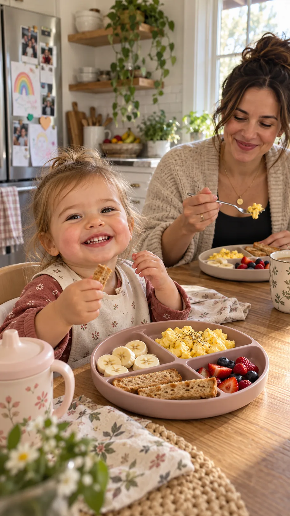 The Toddler Meal Plan That Finally Gets Picky Eaters to Eat 1 Warm natural-light lifestyle food photography of a cheerful toddler sitting at a small dining table with a divided plate containing banana slices, scrambled egg, toast fingers, and berries; parent nearby calmly eating the same breakfast; realistic lived-in family kitchen, candid moment, high detail