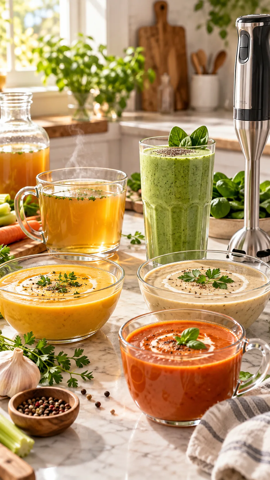 Full Liquid Diet Ideas That Actually Keep You Full & On Track 1 A beautifully styled kitchen counter with clear glass bowls and mugs containing rich, creamy full liquid diet soups, golden bone broth, a silky green protein smoothie, and an immersion blender in soft morning sunlight.