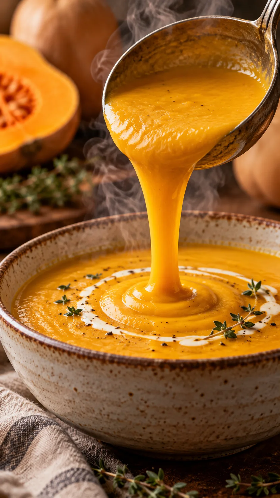Full Liquid Diet Ideas That Actually Keep You Full & On Track 2 Close-up macro shot of a rich, velvety strained butternut squash soup pouring from a ladle into a ceramic bowl, showing thick texture and steam rising.
