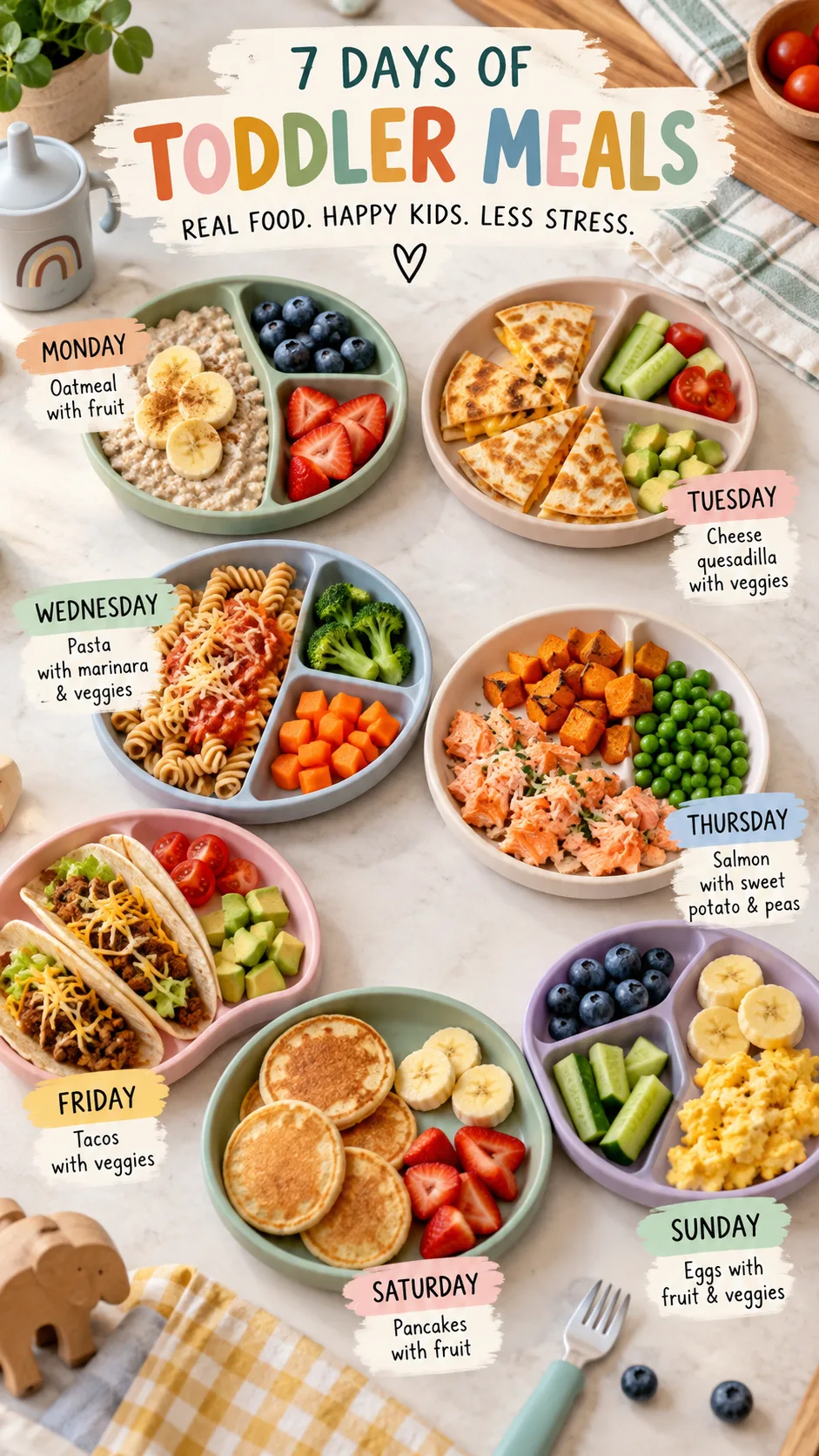 The Toddler Meal Plan That Finally Gets Picky Eaters to Eat 4 Bright editorial food photography of seven small toddler meal plates arranged as a weekly meal plan on a light kitchen table; recognizable foods include oatmeal, quesadilla, pasta, salmon with sweet potato, tacos, pancakes, fruit, and vegetables; realistic portions for toddlers, warm inviting family style