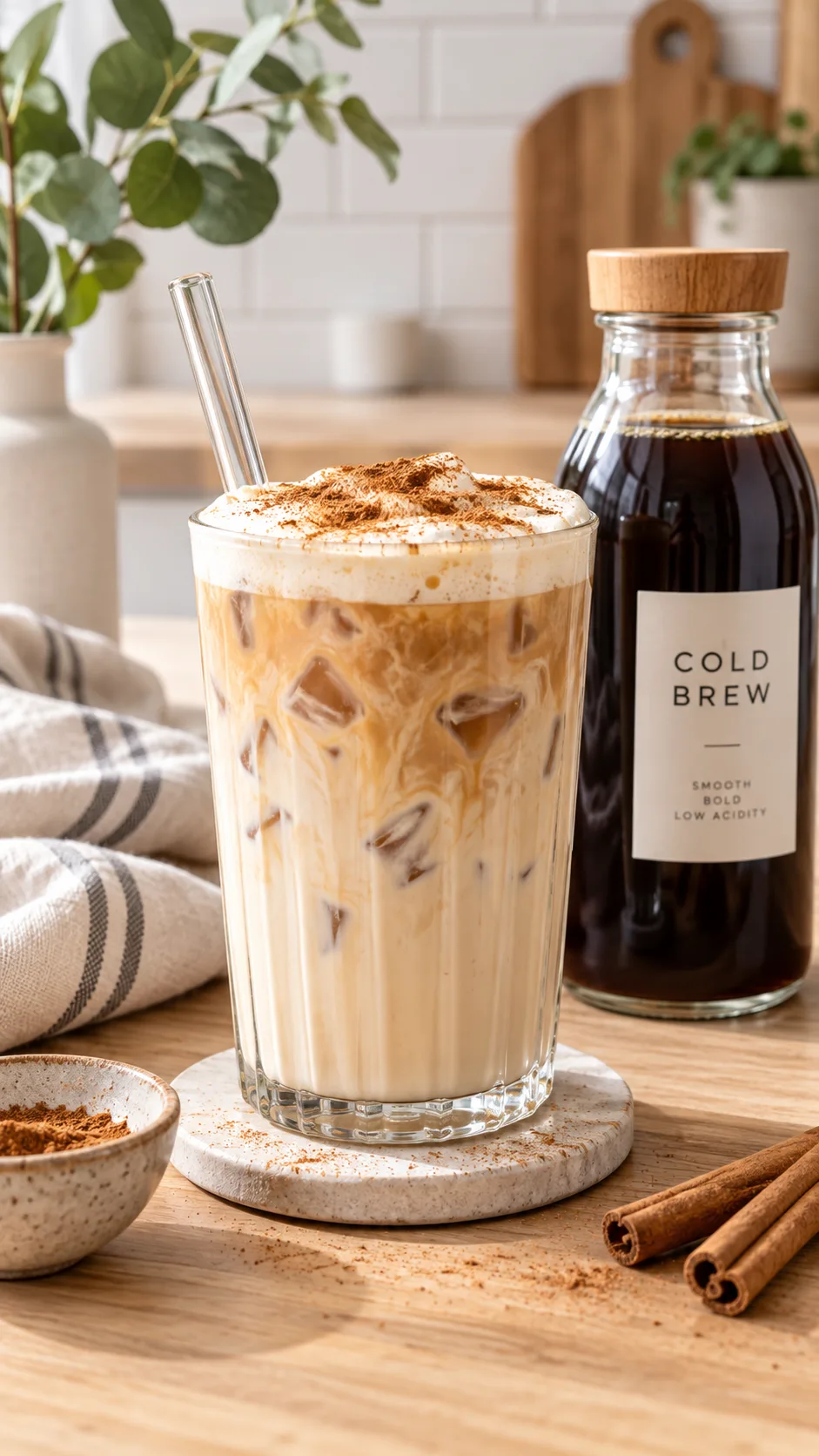 Full Liquid Diet Ideas That Actually Keep You Full & On Track 3 A tall glass filled with a creamy vanilla protein latte, garnished with ground cinnamon dusting, sitting beside a bottle of cold brew on a clean Scandinavian kitchen table.