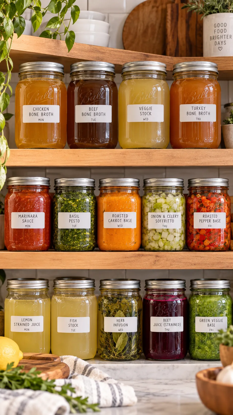 Full Liquid Diet Ideas That Actually Keep You Full & On Track 4 Multiple glass mason jars neatly organized on a kitchen shelf filled with colorful strained liquids, bone broths, and vegetable bases, showing organized weekly meal prep.