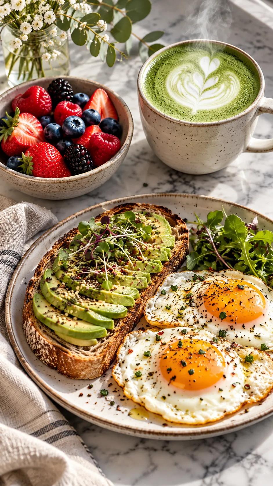 A vibrant, aesthetic flat-lay of a high-protein model breakfast featuring pasture-raised eggs, sliced avocado on sourdough, fresh berries, and a steaming matcha latte on a marble countertop